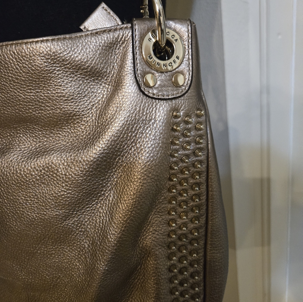 REBECCA MINKOFF Bronze Leather Studded Hobo Handbag Shoulderbag Detachabl Straps - Picture 10 of 16